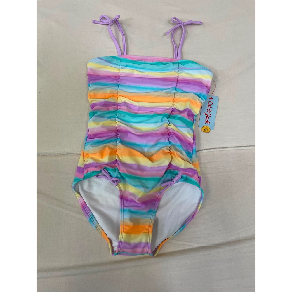 Cat & Jack Girls Rainbow Stripe Ruched One Piece Swimsuit XL‎ 14 UPF 50+ New